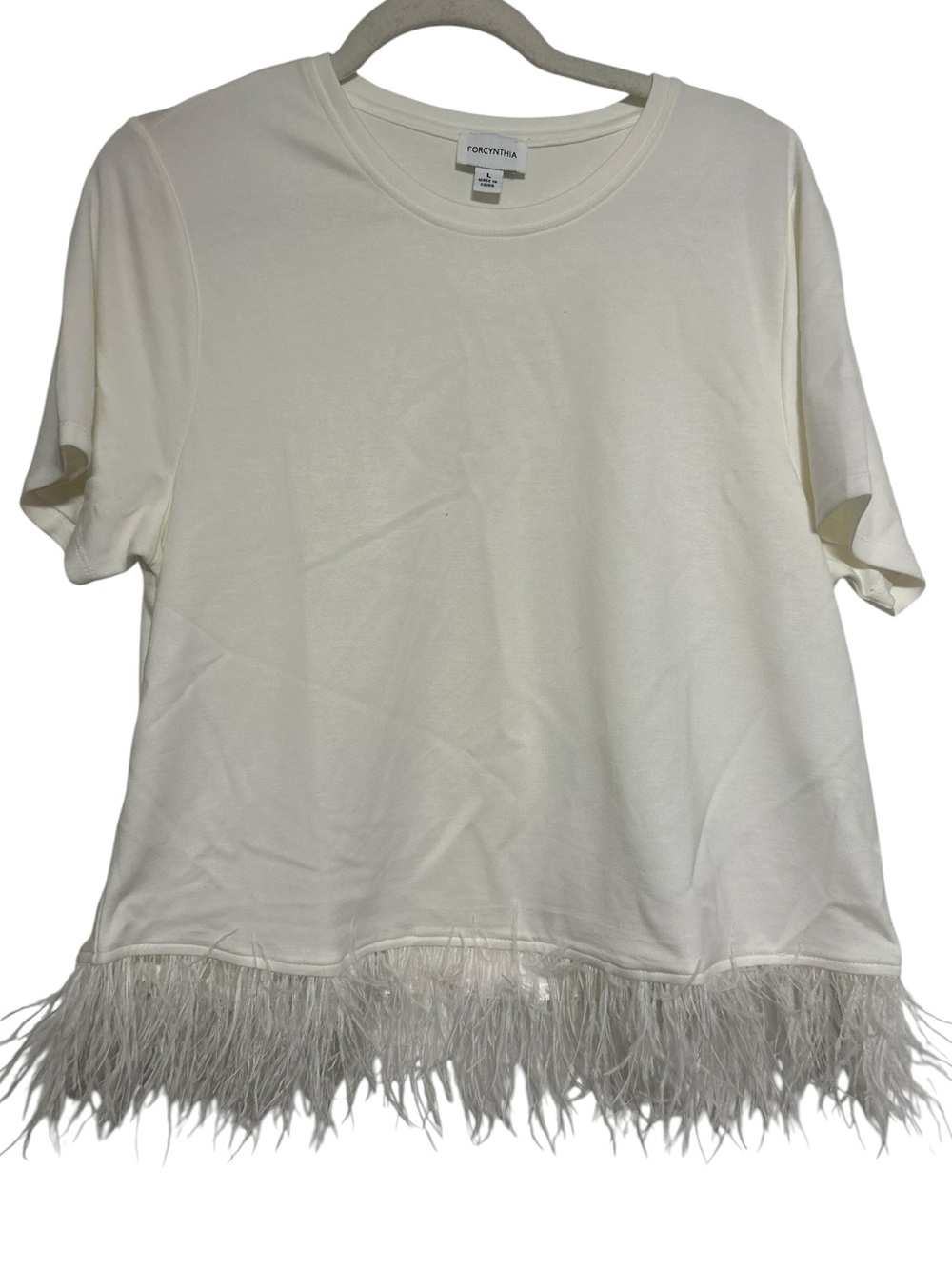 For Cynthia White Feather Trim Short Sleeve Tee Top - Size L - Elevated Basic
